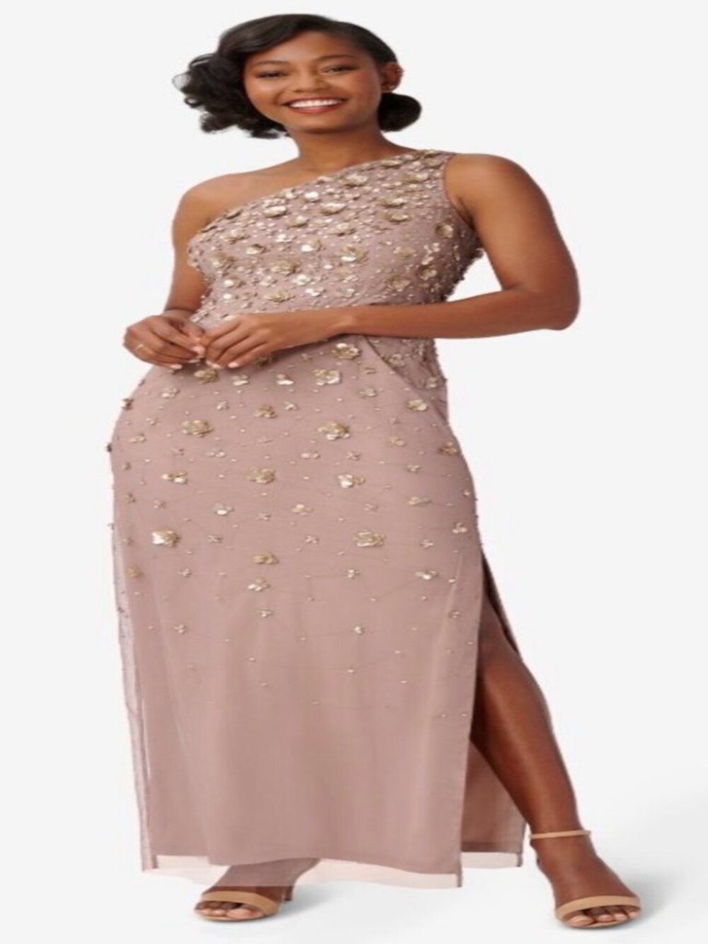 NWT Adrianna Papell Beaded One Shoulder Gown in Stone/Taupe. Size 10 - Picture 2 of 16